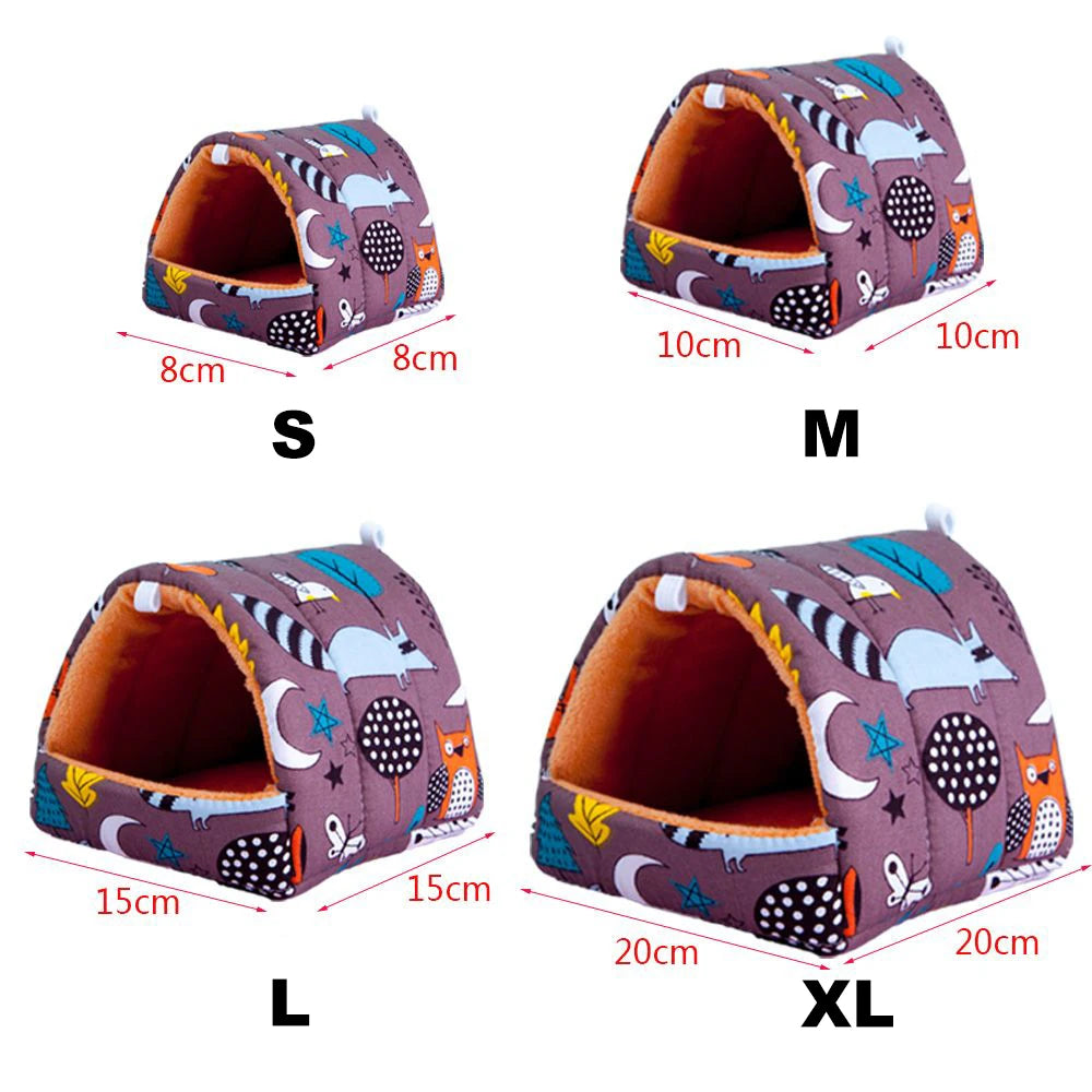 Pet house with size measurements labeled S, M, L, and XL on a white background.