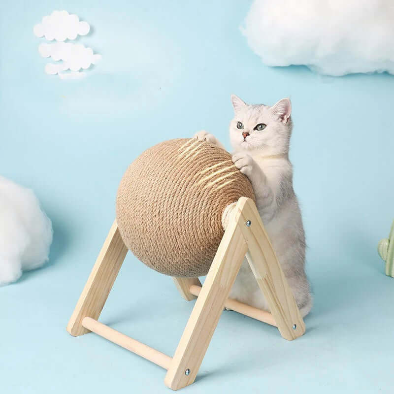 Cat playing with a beige ball on a wooden stand against a light blue background
