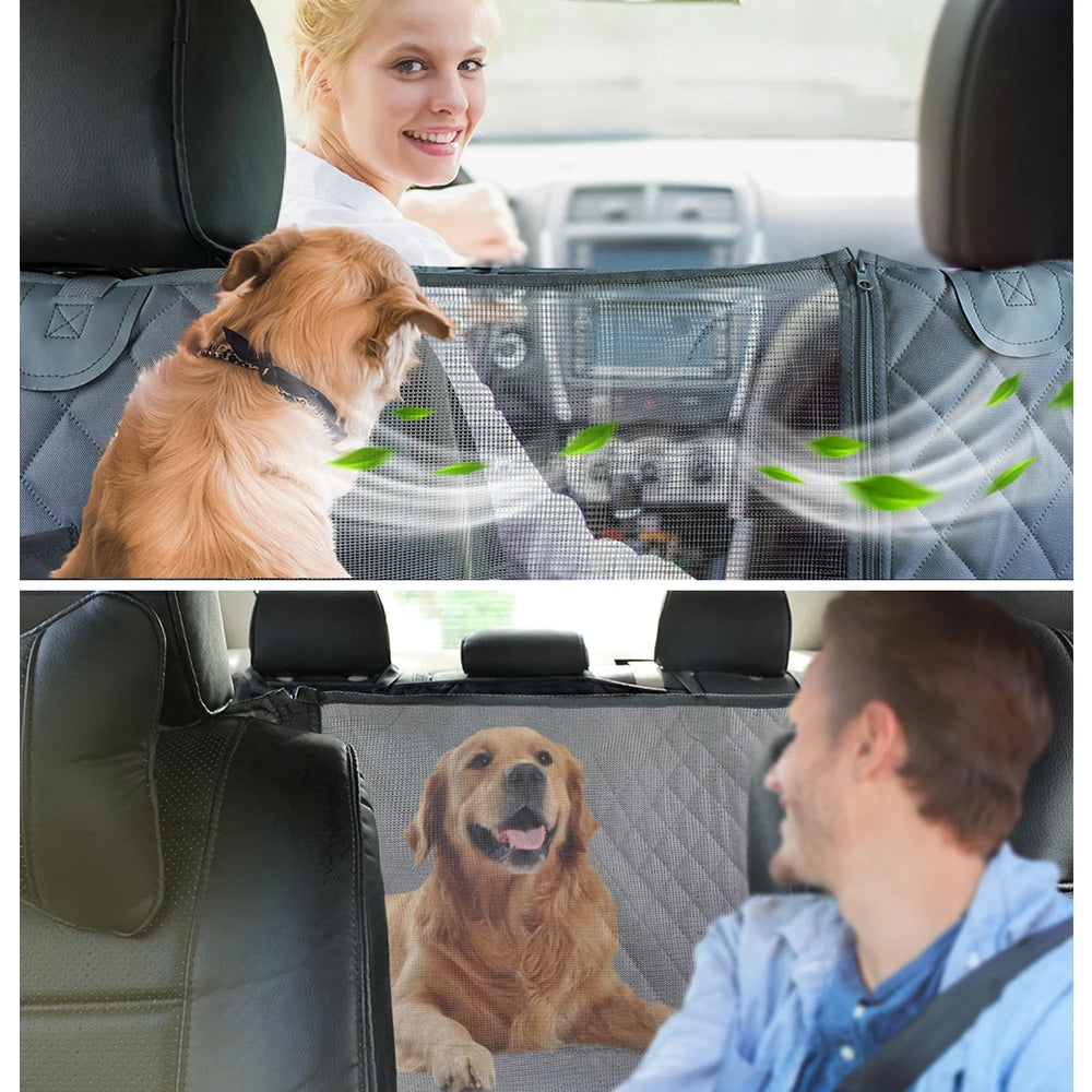 Pet car seat cover with a dog inside, showing its use in a vehicle.
