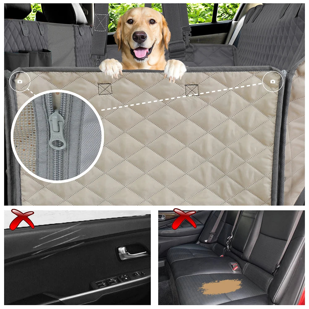 Dog car seat cover with quilted design, zipper detail, and examples of use in a car.