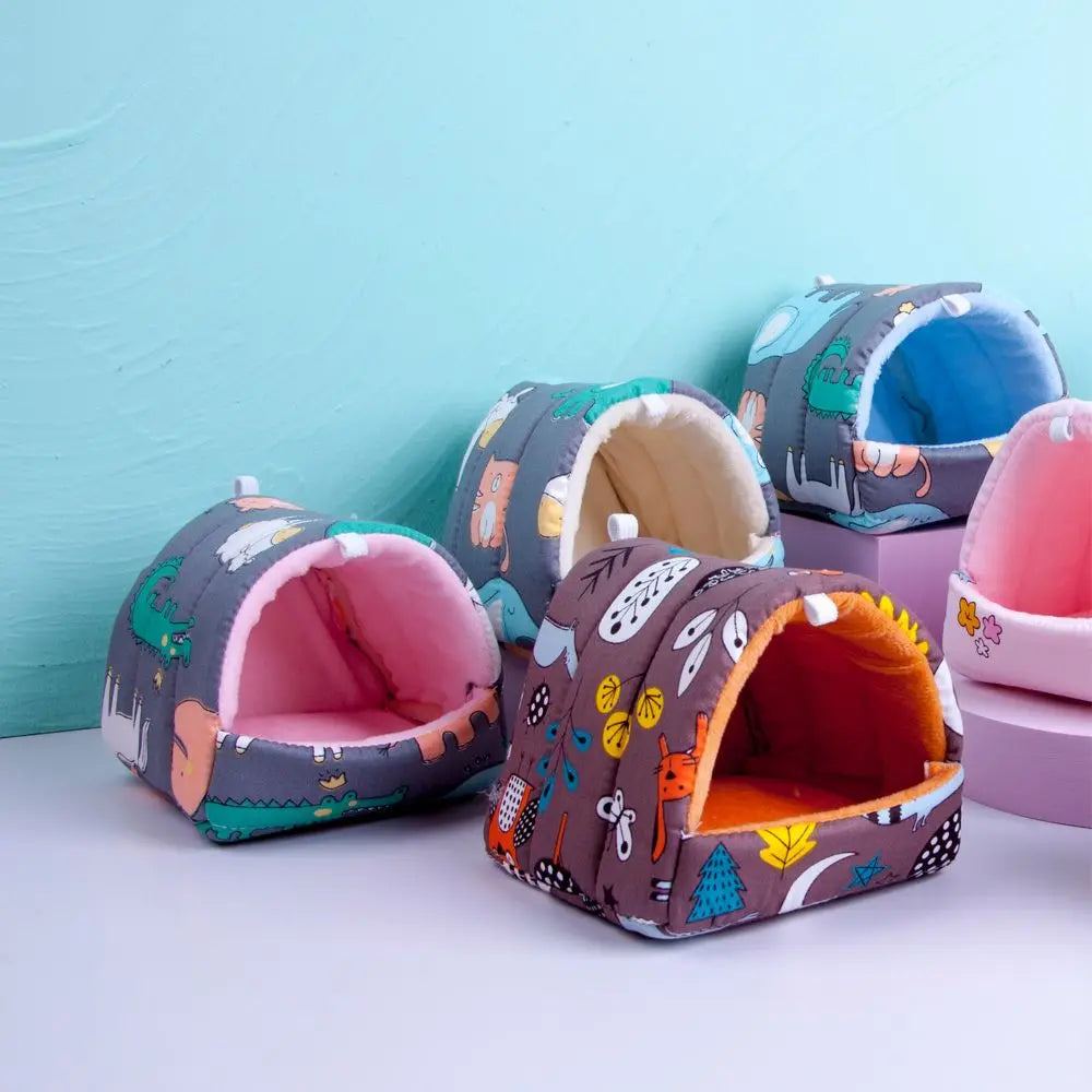 Colorful pet beds with animal patterns on a light blue background