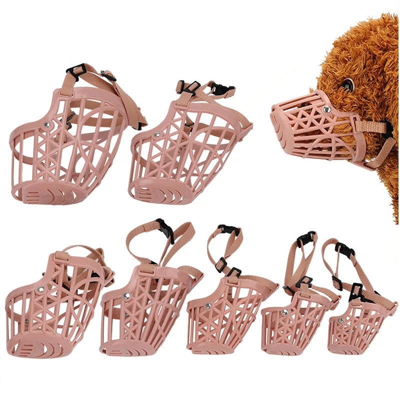 Set of pink dog muzzles with a close-up of a dog wearing one on a white background.