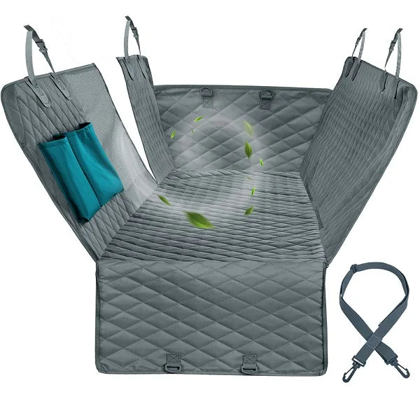 Gray car seat cover with a strap on a white background