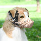 Dog wearing a pink muzzle with a blurred green background