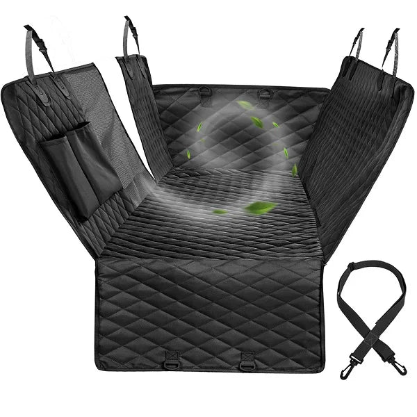 Black car seat cover with a strap on a white background