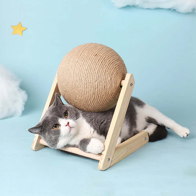 Cat lying on a wooden platform with a spherical rope toy above it against a light blue background