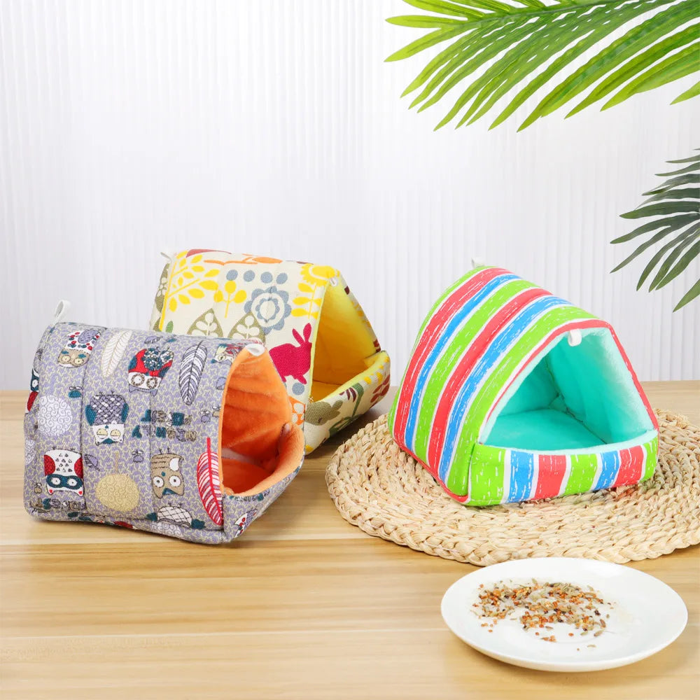 Three colorful pet houses on a wooden surface with a white plate of food.