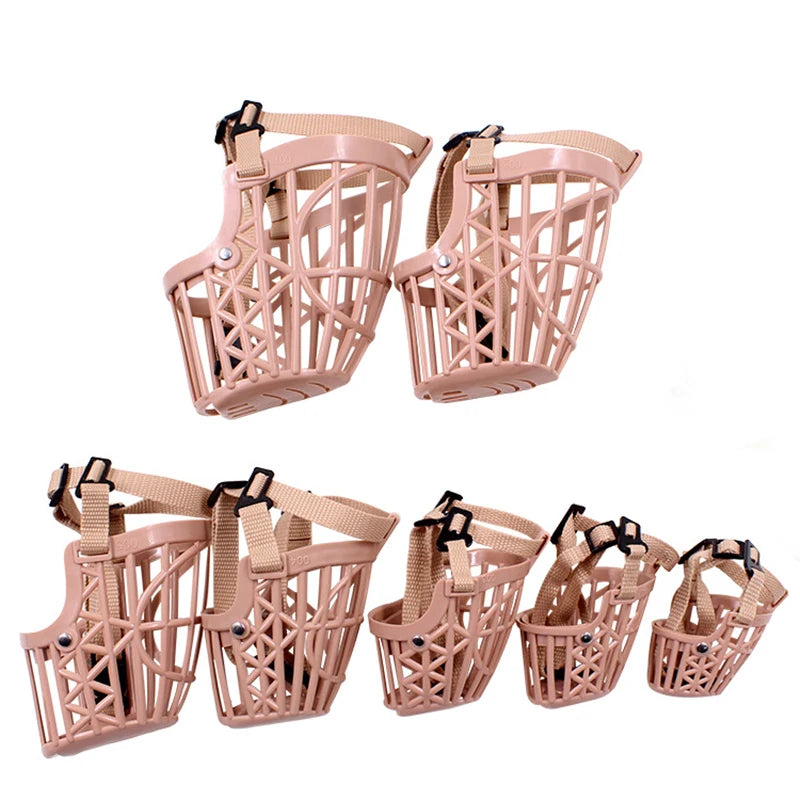Set of pink pet muzzles with a lattice design on a white background