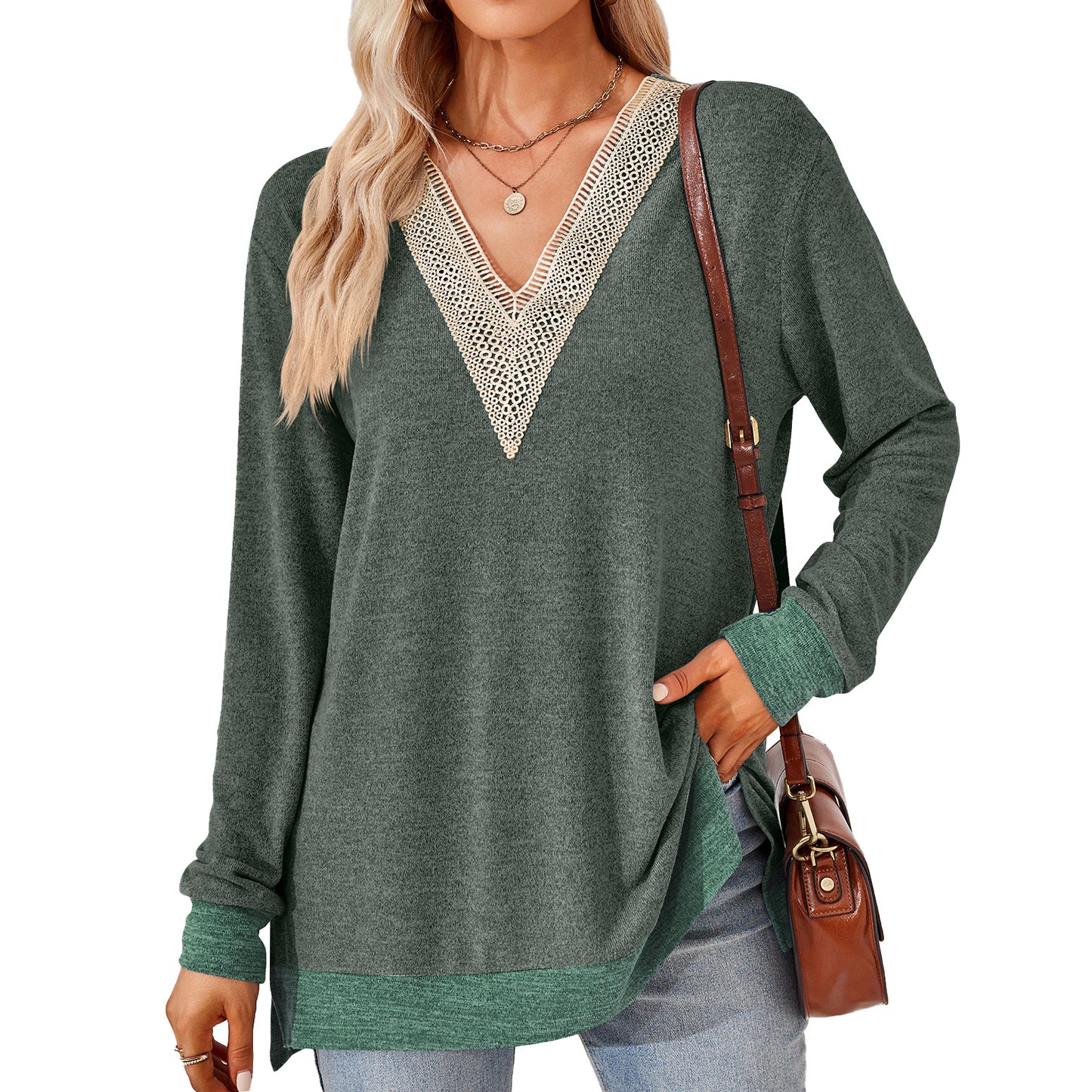 V-neck Top - Women's Fashion V-neck Lace Solid Color Loose-fitting T-shirt Top