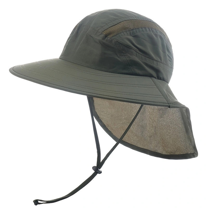 Green sun hat with neck flap on a white background