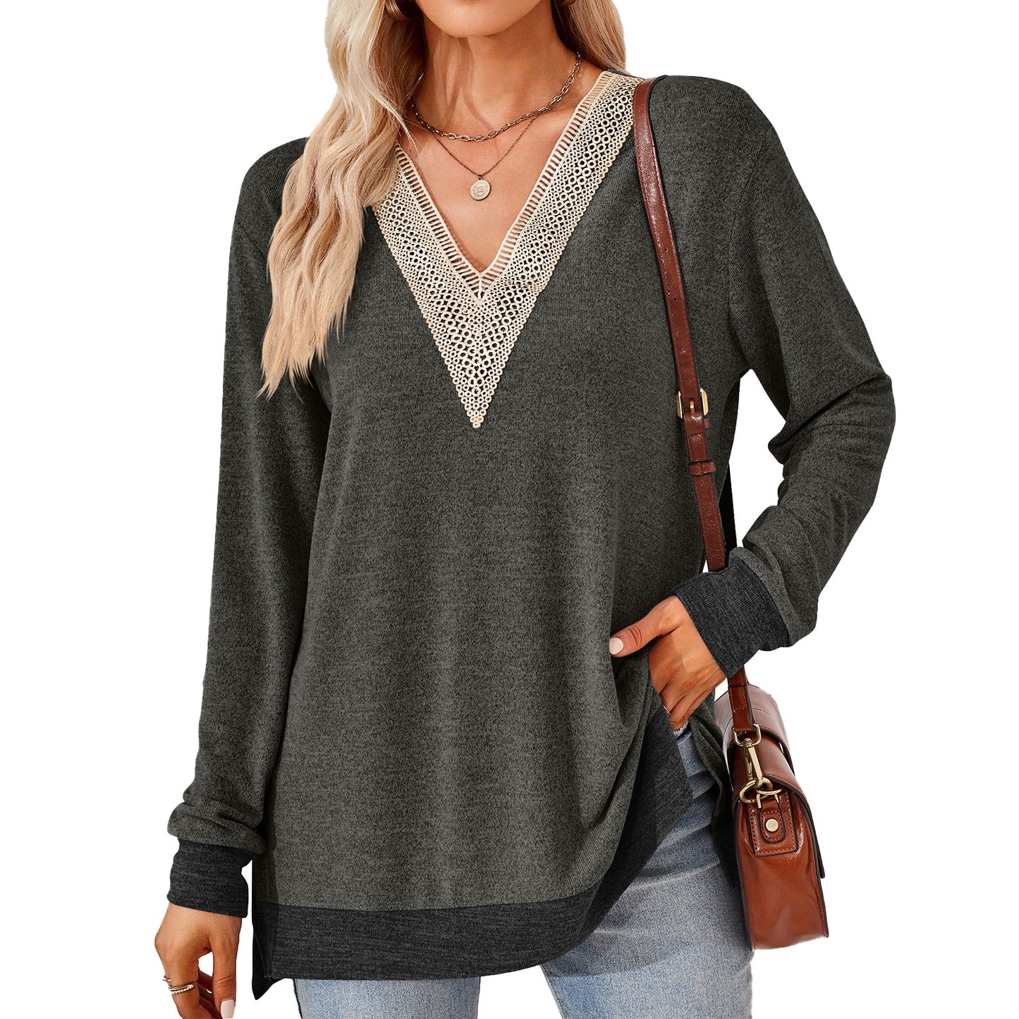 V-neck Top - Women's Fashion V-neck Lace Solid Color Loose-fitting T-shirt Top