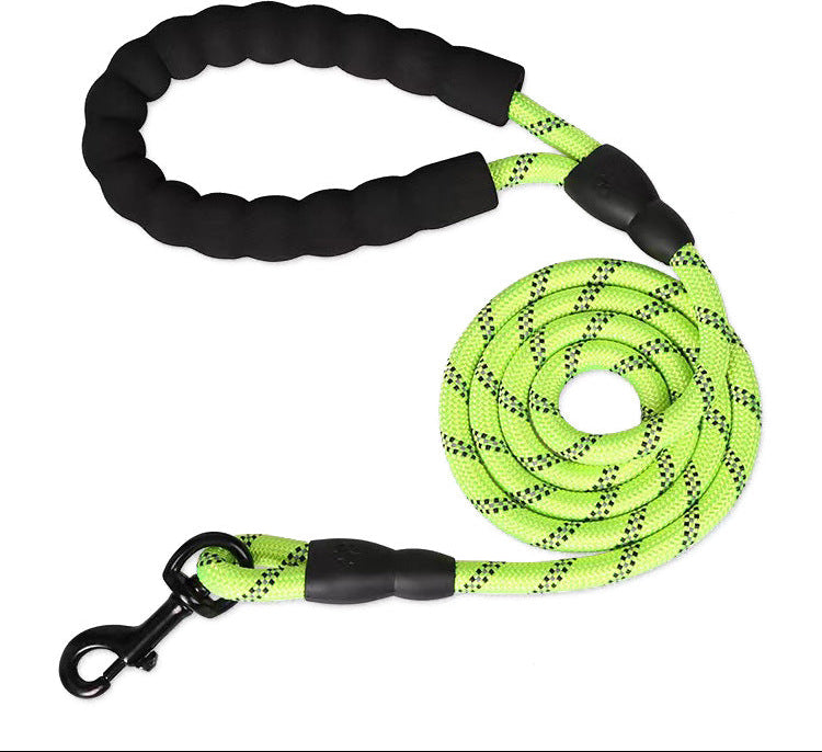 Neon green dog leash with black handles on a white background