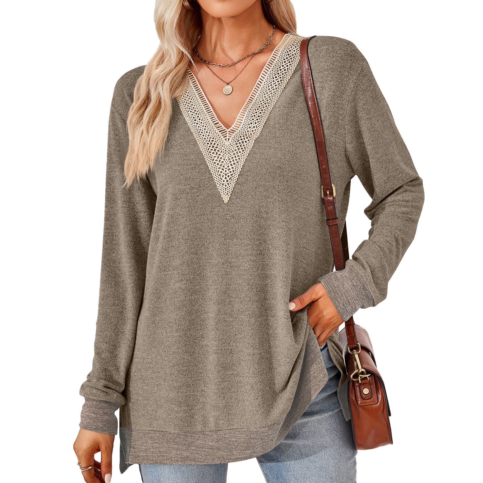 V-neck Top - Women's Fashion V-neck Lace Solid Color Loose-fitting T-shirt Top