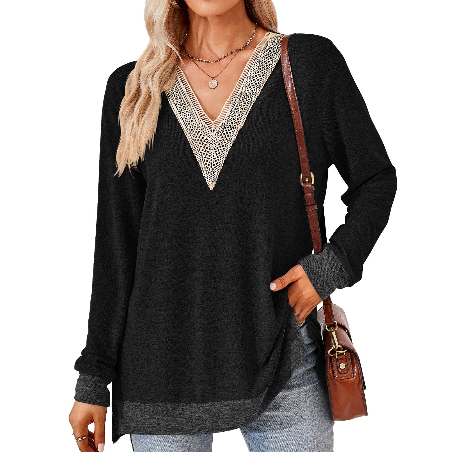 V-neck Top - Women's Fashion V-neck Lace Solid Color Loose-fitting T-shirt TopV-neck Top - Women's Fashion V-neck Lace Solid Color Loose-fitting T-shirt Top