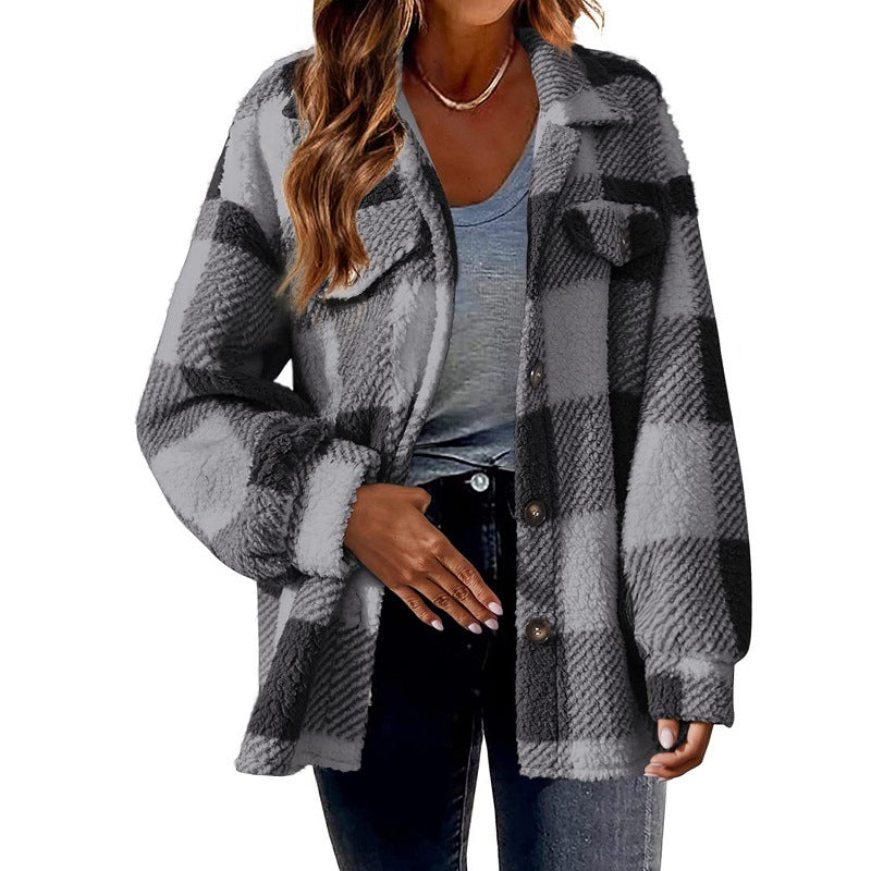 Turndown-Kragen-karierte Jacke mit Taschen, einreihige Button-Down-Wolljacke, Herbst- und Winterkleidung für Frauen