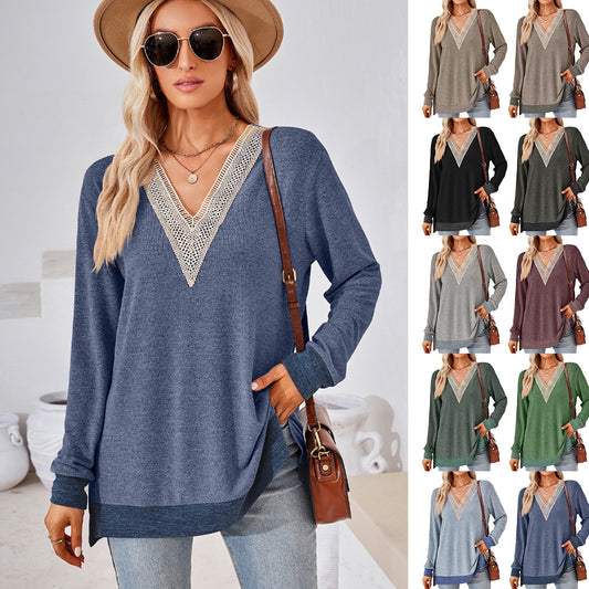 V-neck Top - Women's Fashion V-neck Lace Solid Color Loose-fitting T-shirt Top