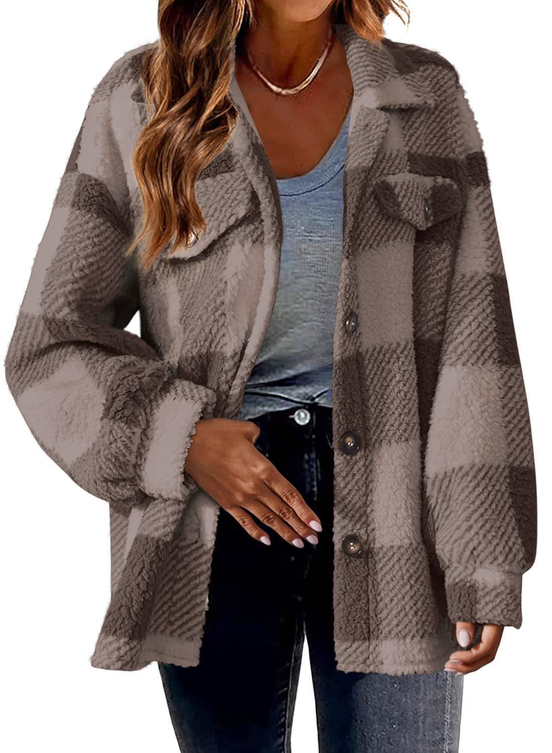 Turndown-Kragen-karierte Jacke mit Taschen, einreihige Button-Down-Wolljacke, Herbst- und Winterkleidung für Frauen