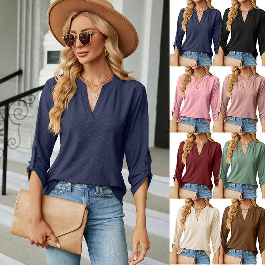 V-neck Top - Women's V-neck Buttons Solid Color Long Sleeve Loose-fitting T-shirt