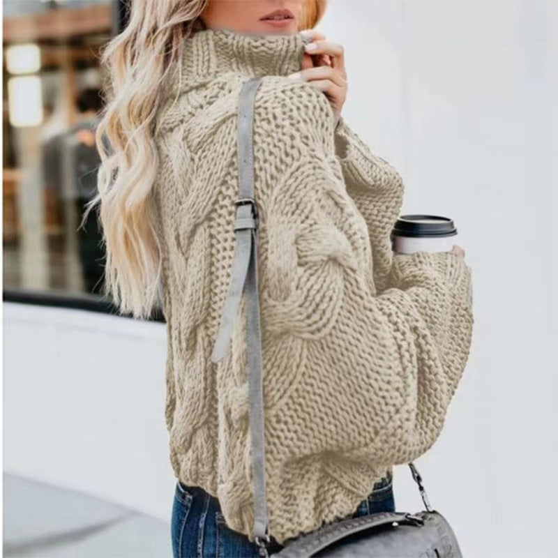 Sweater - Women's Casual Oversized Turtleneck Sweater with Long Sleeves