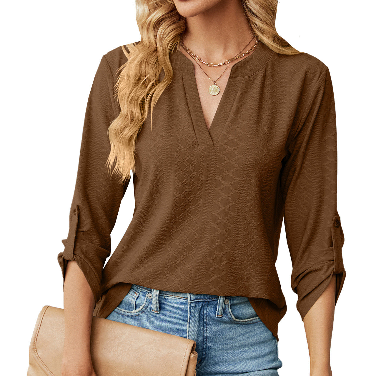 V-neck Top - Women's V-neck Buttons Solid Color Long Sleeve Loose-fitting T-shirt brown