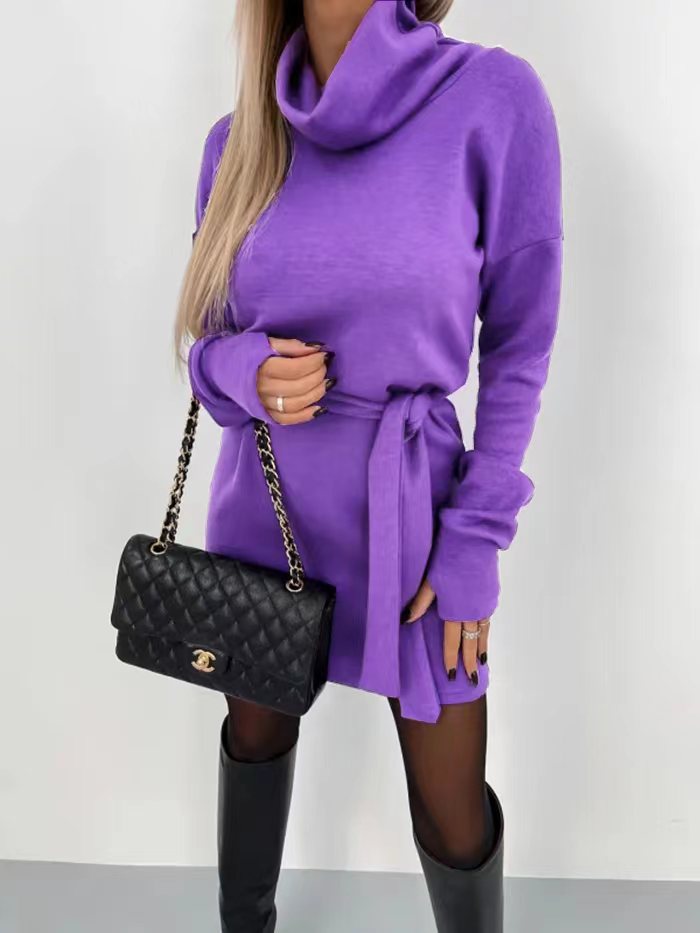 Women Dress - High Collar Belt Fashion Long Sleeve Skirt purple