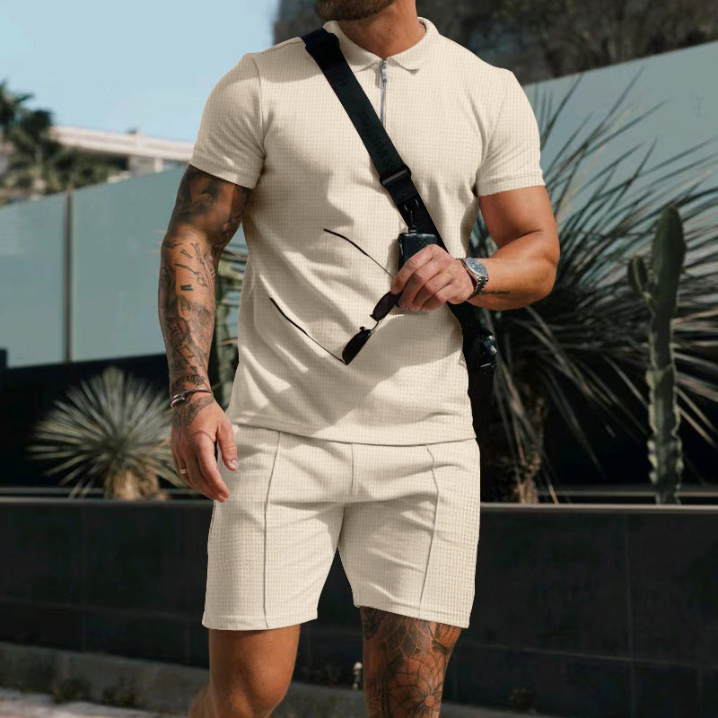 Männer Kurzarm Shorts Casual Anzug Sommer Waffel Einfarbig Casual Lose Revers T-shirt Anzug Männer