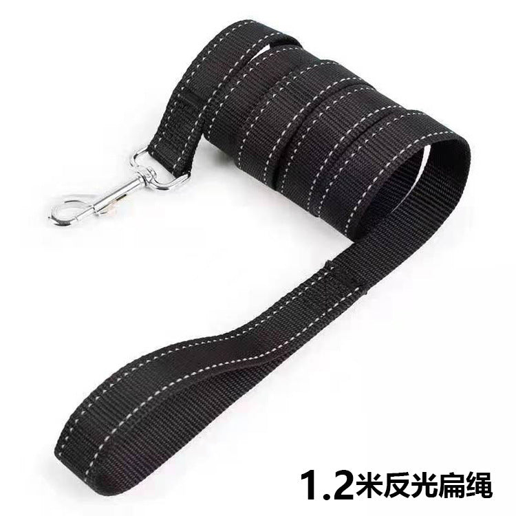 Black dog leash with reflective strip on a white background
