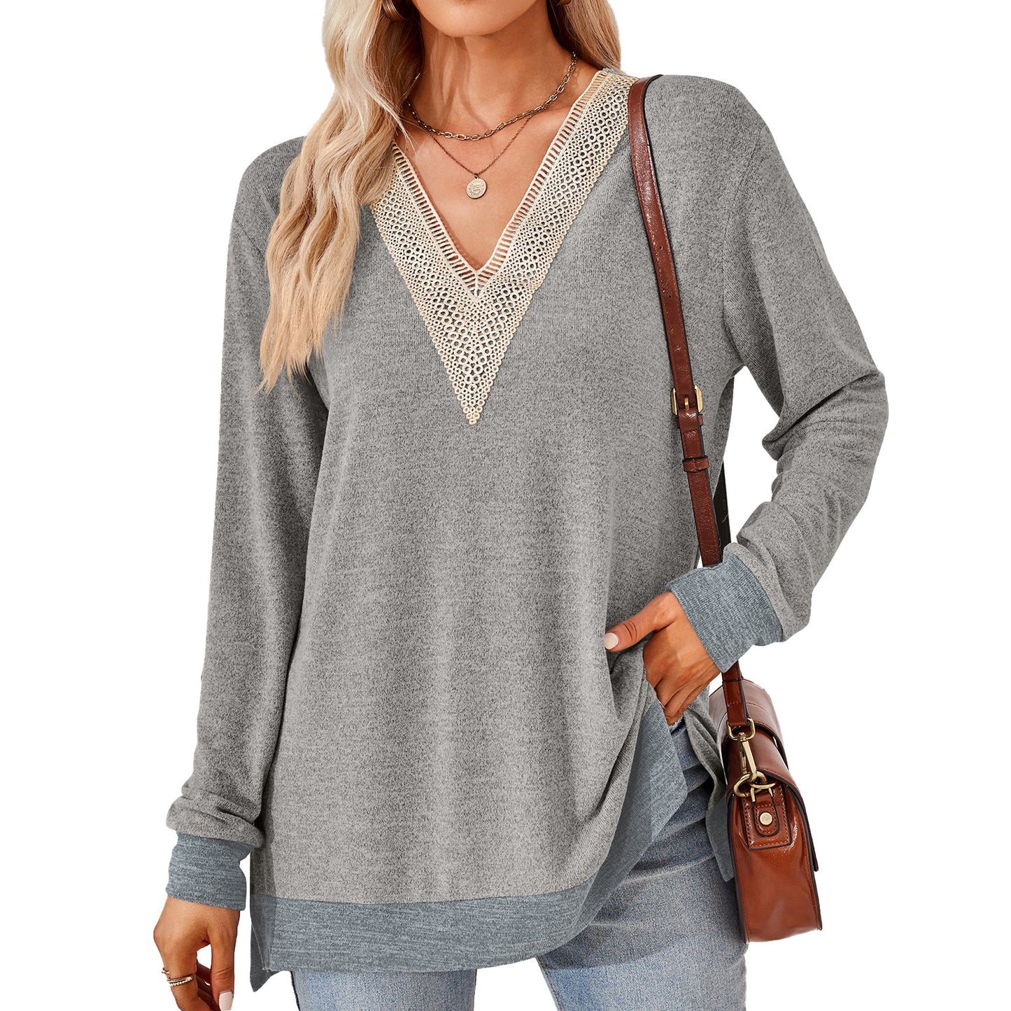 V-neck Top - Women's Fashion V-neck Lace Solid Color Loose-fitting T-shirt Top