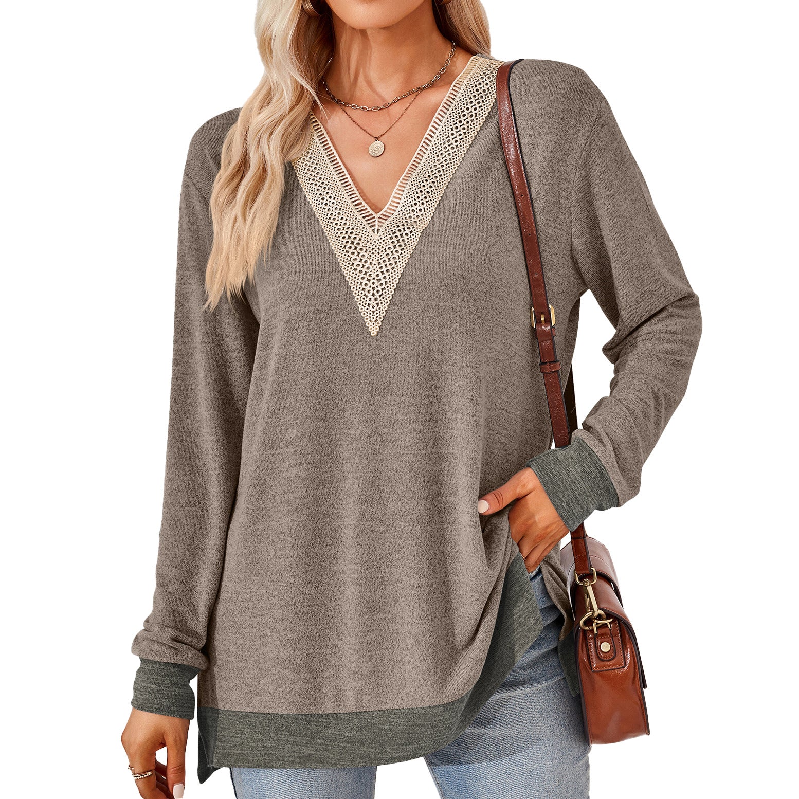 V-neck Top - Women's Fashion V-neck Lace Solid Color Loose-fitting T-shirt Top