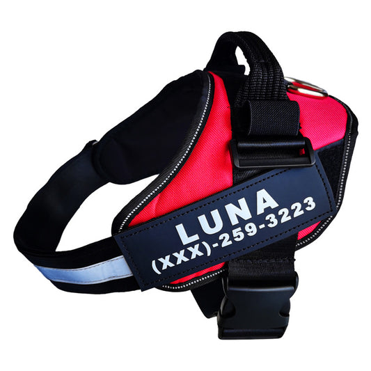Red and black dog harness with 'LUNA' and phone number label on a white background