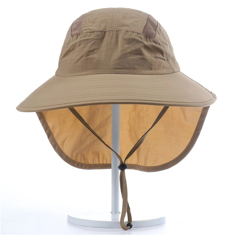Tan bucket hat with neck flap on a white background