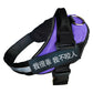 Purple dog harness with black strap and reflective text label on a white background
