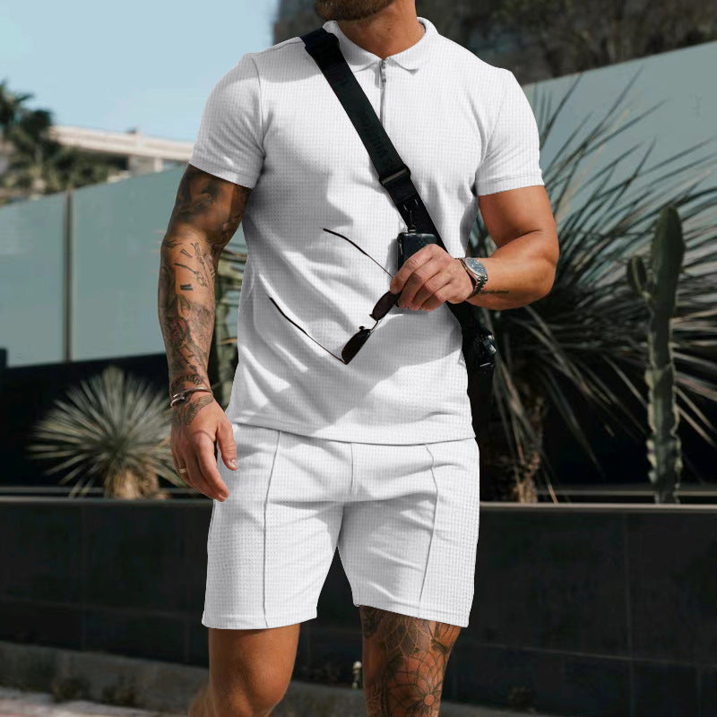 Männer Kurzarm Shorts Casual Anzug Sommer Waffel Einfarbig Casual Lose Revers T-shirt Anzug Männer