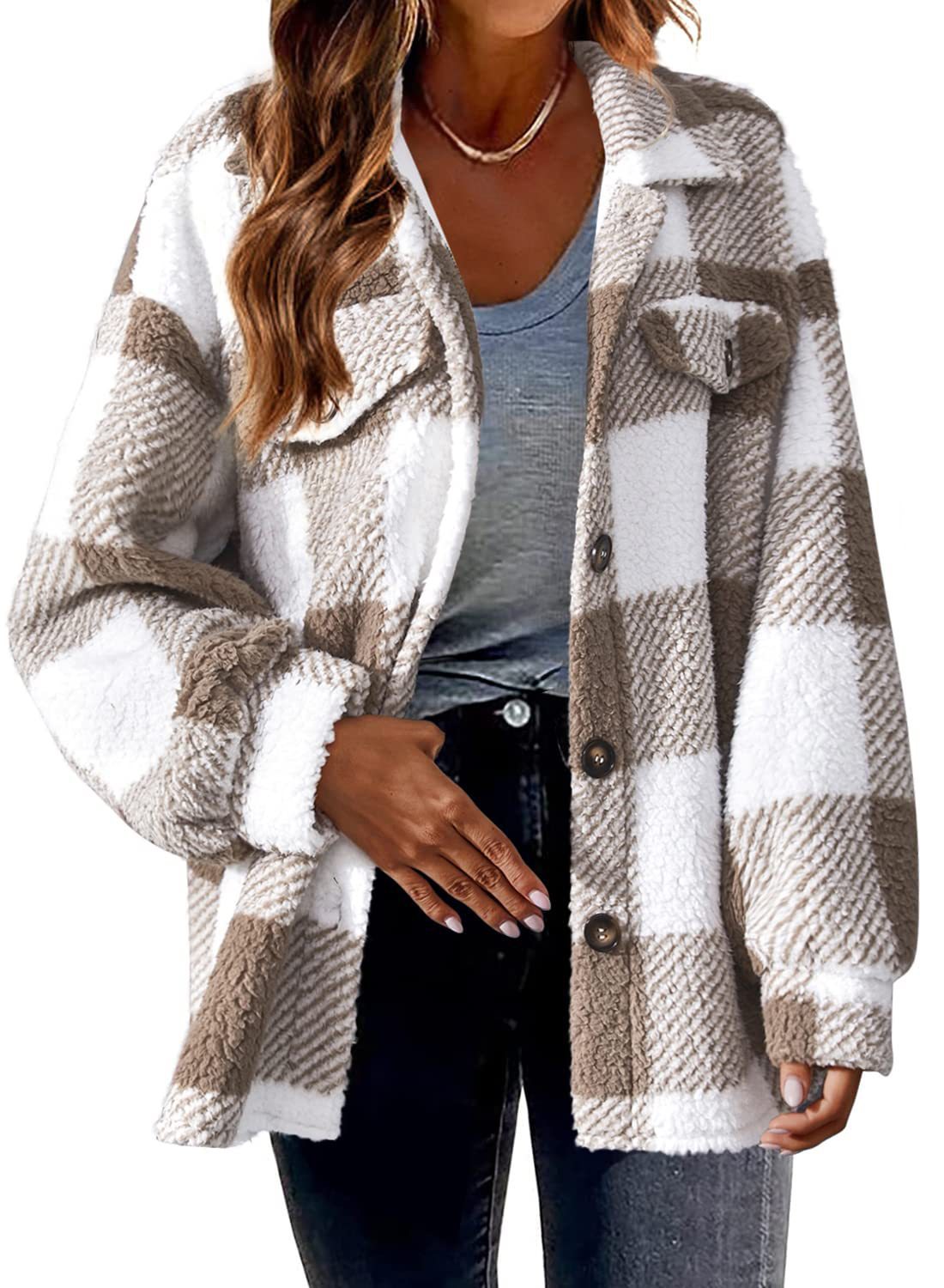 Turndown Collar Plaid Jacket With Pockets Single Breasted Button Down Woolen Jacket Autumn And Winter Clothes For Women