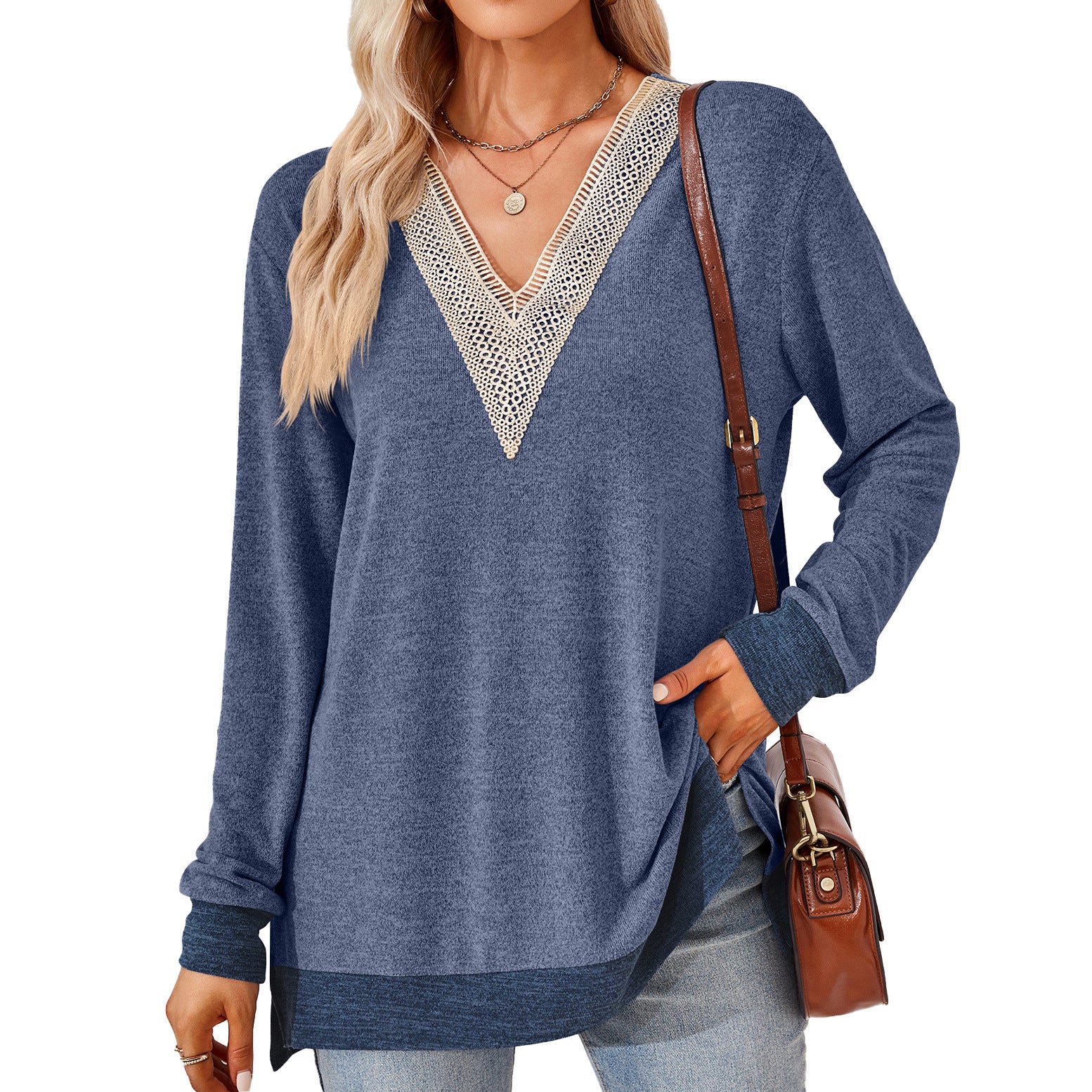 V-neck Top - Women's Fashion V-neck Lace Solid Color Loose-fitting T-shirt Top