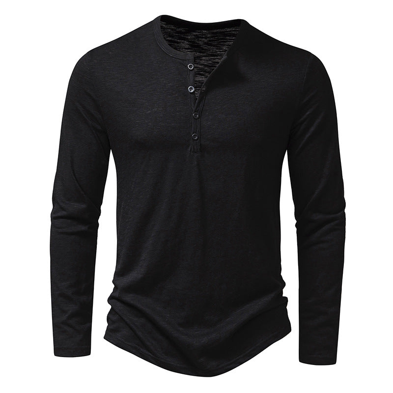 Mens Clothing Long Sleeve T-shirt Fashion Button Henry Collar Tops