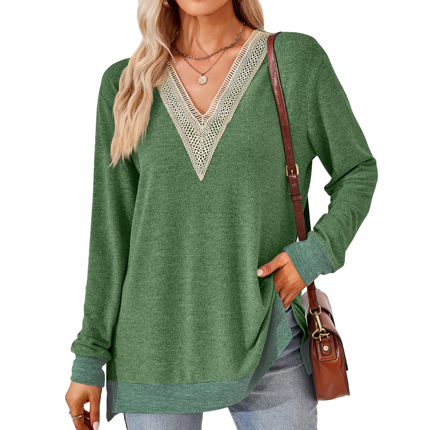 V-neck Top - Women's Fashion V-neck Lace Solid Color Loose-fitting T-shirt Top