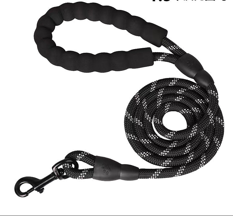 Black dog leash with reflective pattern on a white background