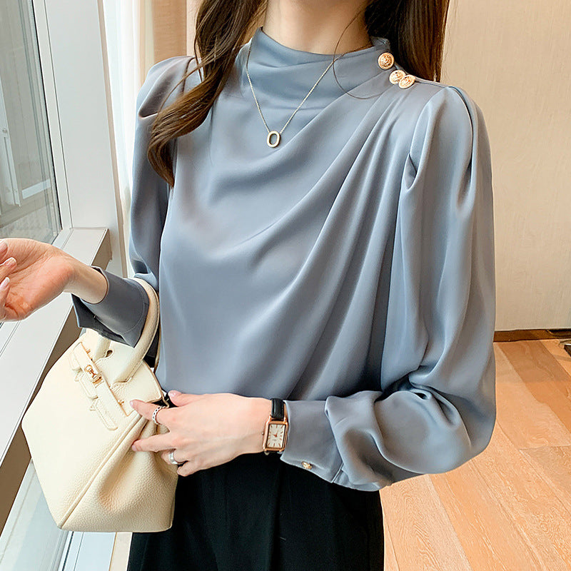 Women Top -  Lantern Sleeve Pleated Tunic Blouse blue