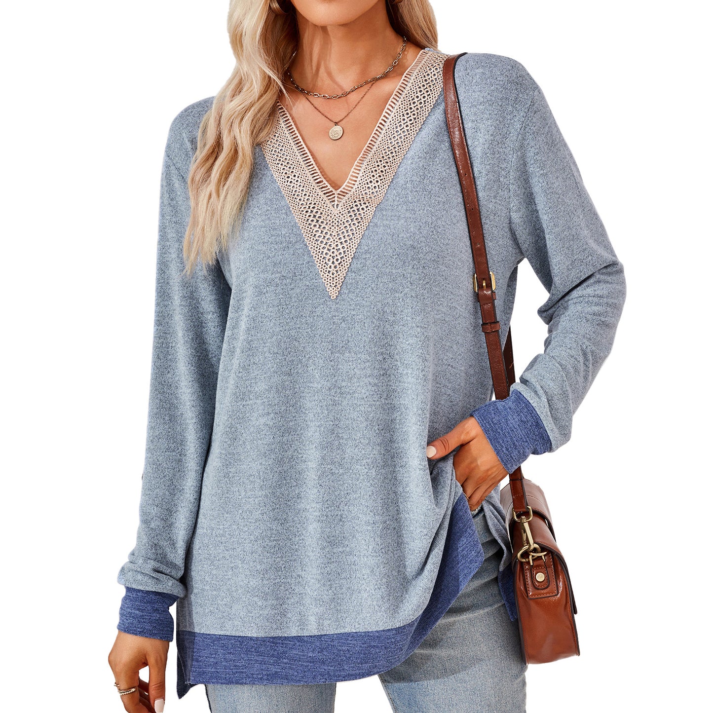 V-neck Top - Women's Fashion V-neck Lace Solid Color Loose-fitting T-shirt Top