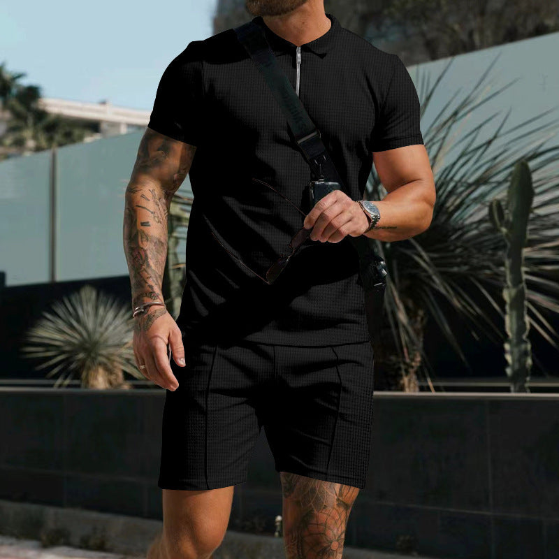 Männer Kurzarm Shorts Casual Anzug Sommer Waffel Einfarbig Casual Lose Revers T-shirt Anzug Männer