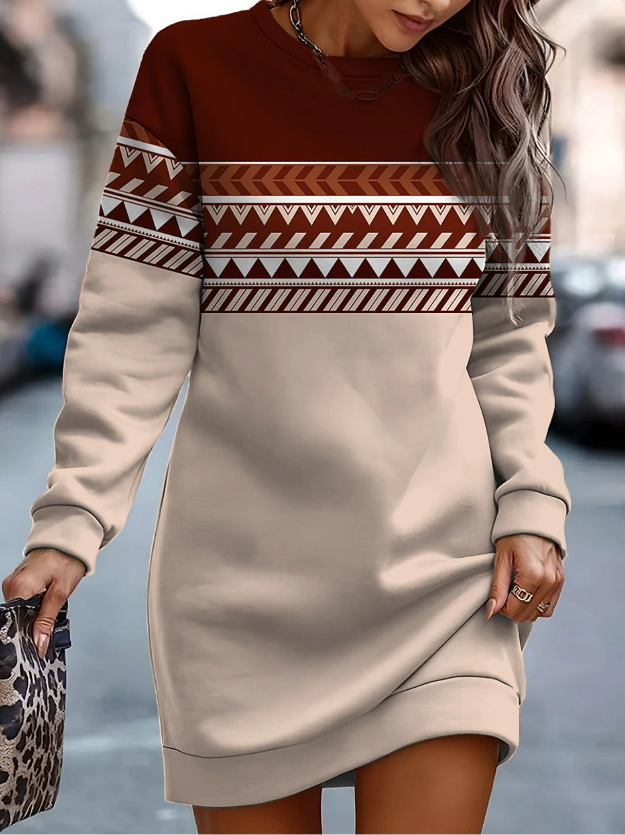 Sweater - Contrast Color Printed Sweater Dress with Round Neckline