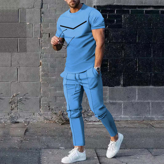Men's Casual Round Neck Printed Two-piece Suit sky blue