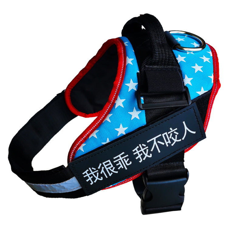 Dog harness with blue star pattern and black strap on a white background