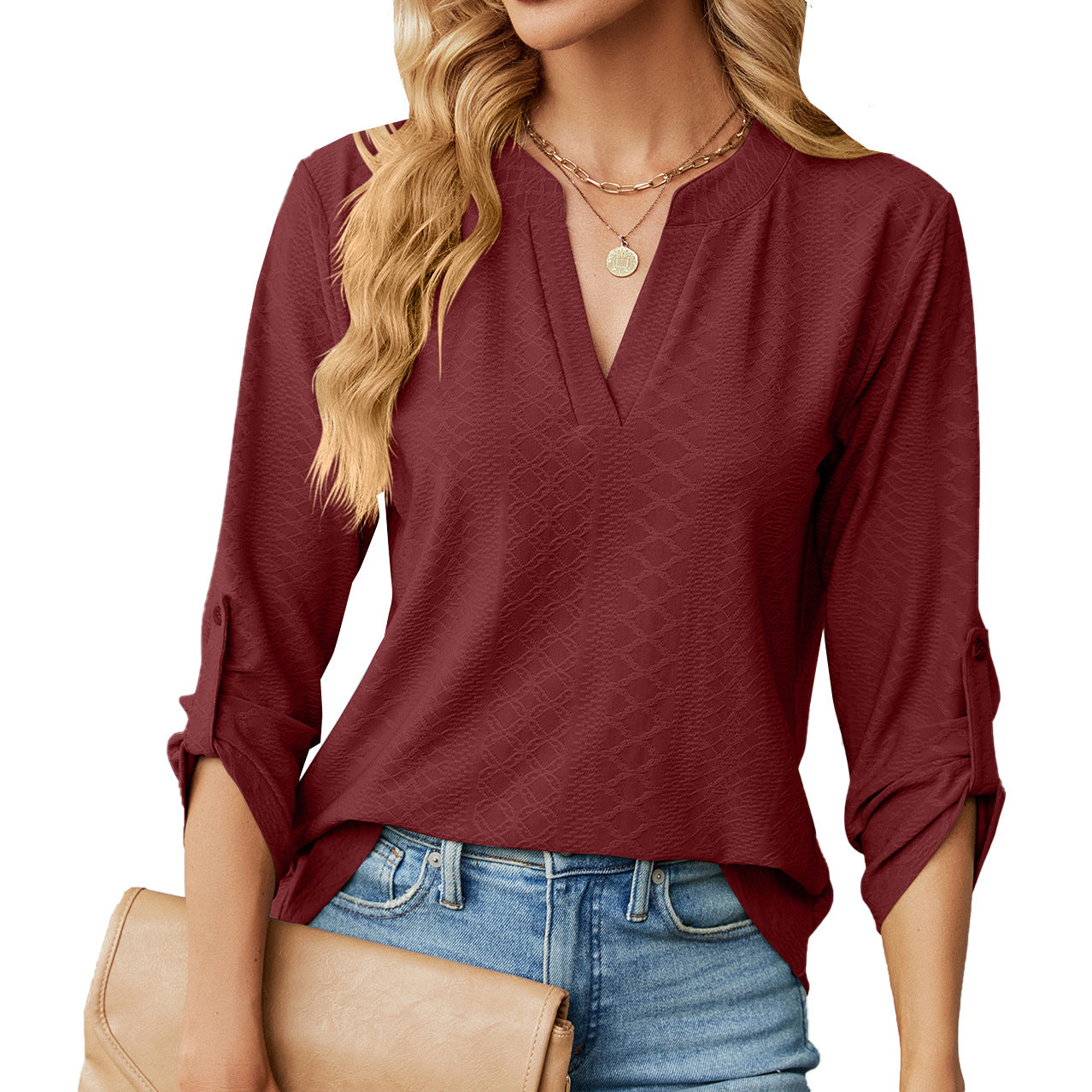 V-neck Top - Women's V-neck Buttons Solid Color Long Sleeve Loose-fitting T-shirt red