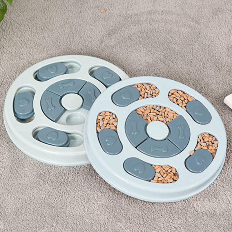 Two round pet feeders with food on a beige carpet
