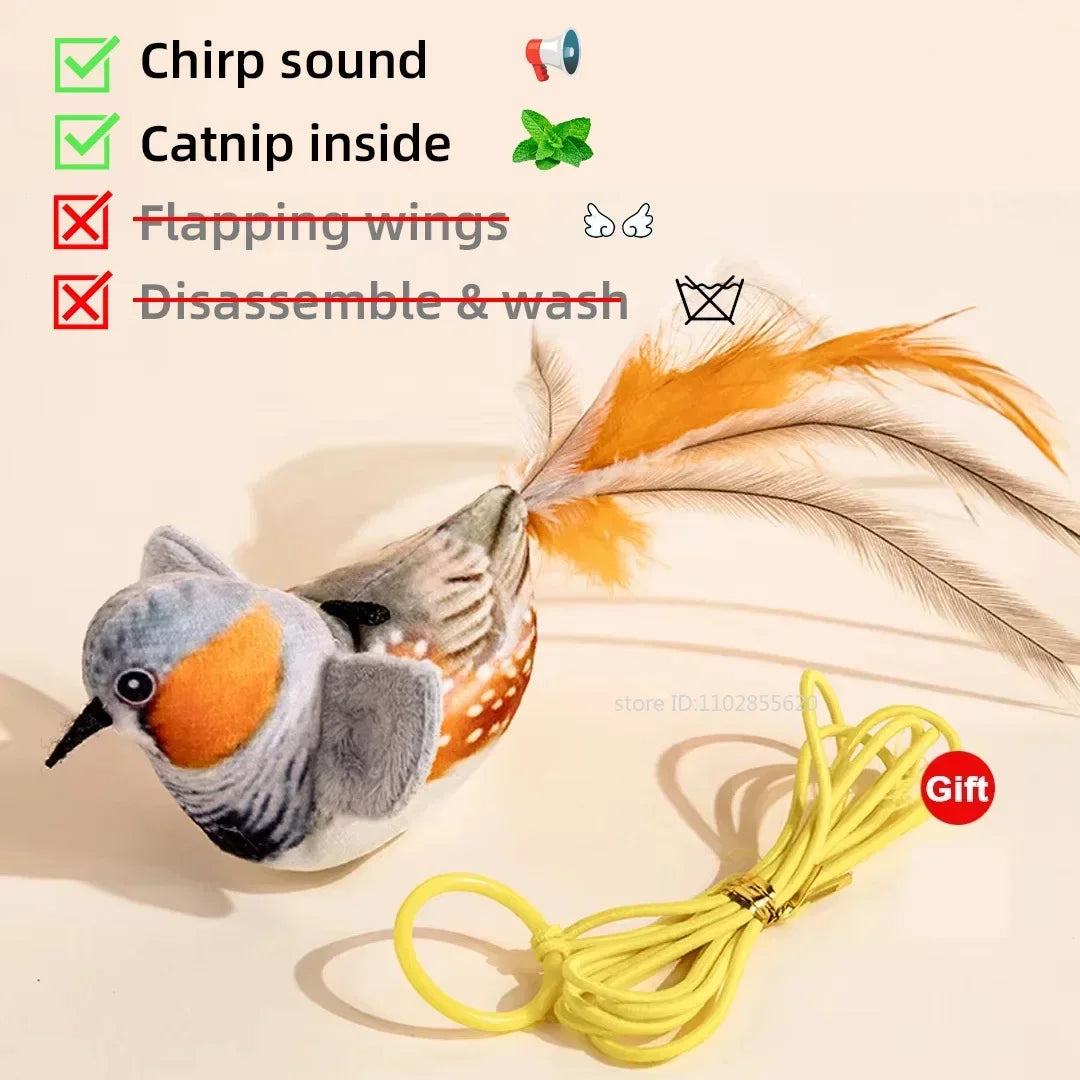 Cat toy resembling a bird with feathers and a yellow string, on a beige background.