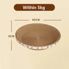 Round cardboard cat scratcher with dimensions on a beige background