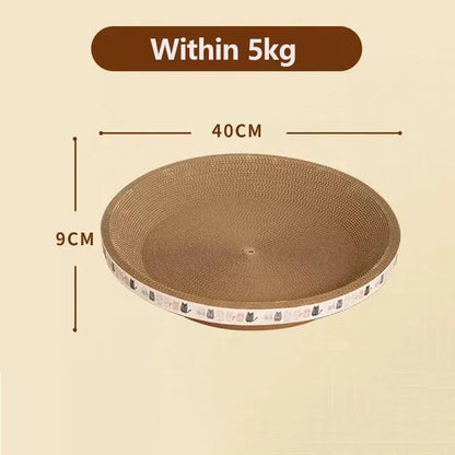 Round cardboard cat scratcher with dimensions on a beige background