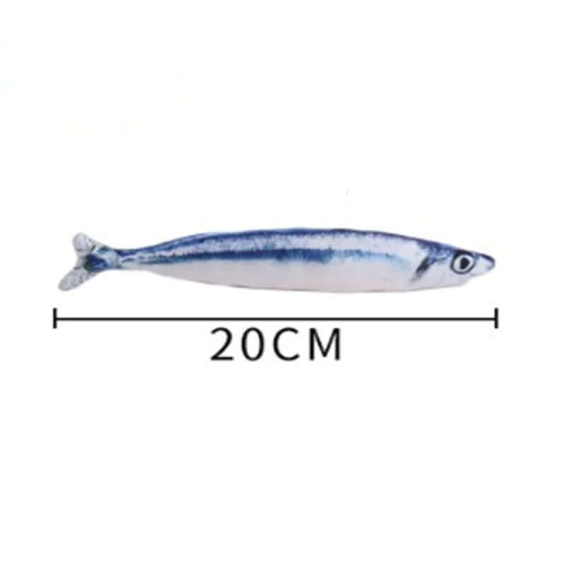 Blue and white fish-shaped object with a measurement label on a white background